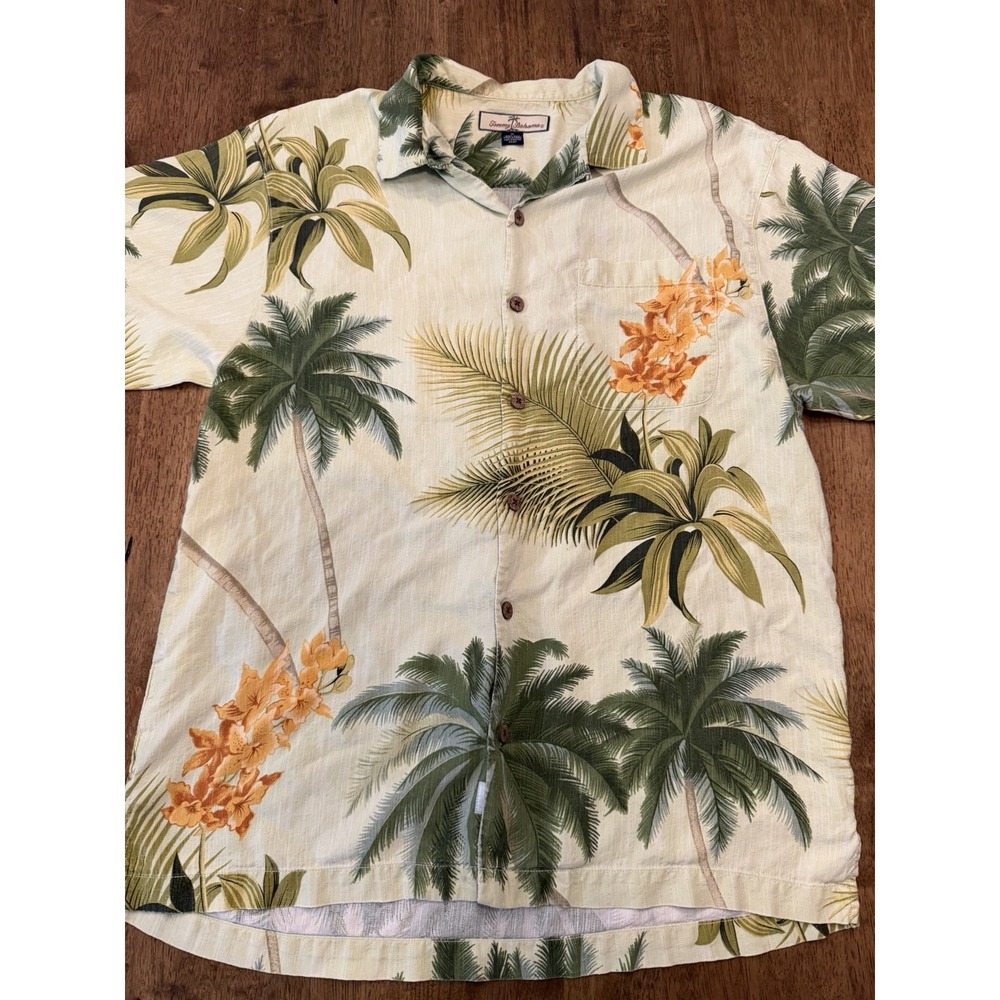 Tommy Bahama Men's Medium Silk Woven Hawaiian Floral Palm Shirt Pockets Beige